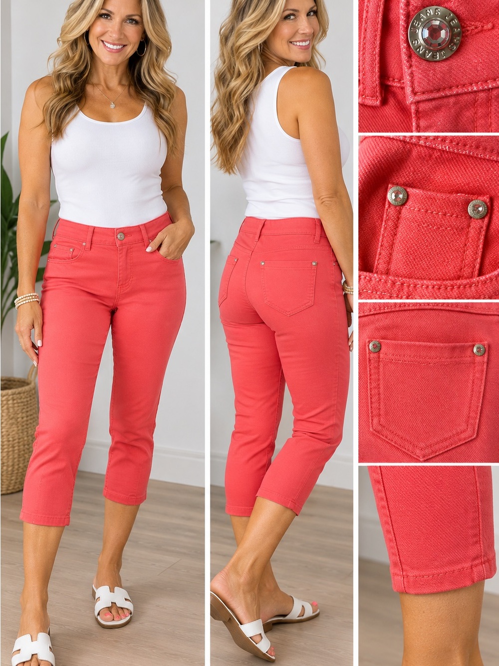YELETE Coral Red Stretch Capri Jeans Size S Rhinestone Crystal Detail